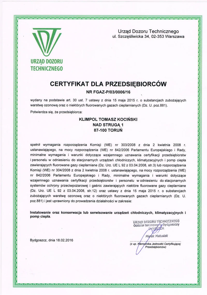 Certyfikat przedsiębiorcy – skan dokumentu