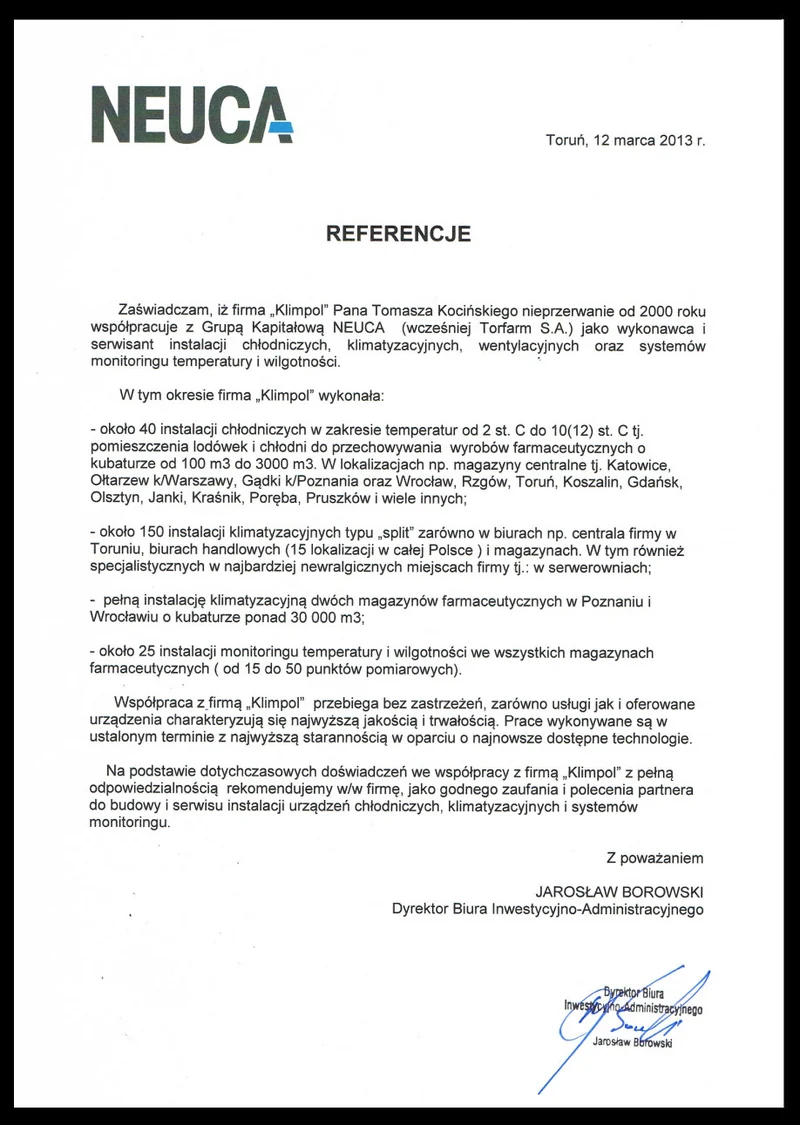 List referencyjny NEUCA – skan